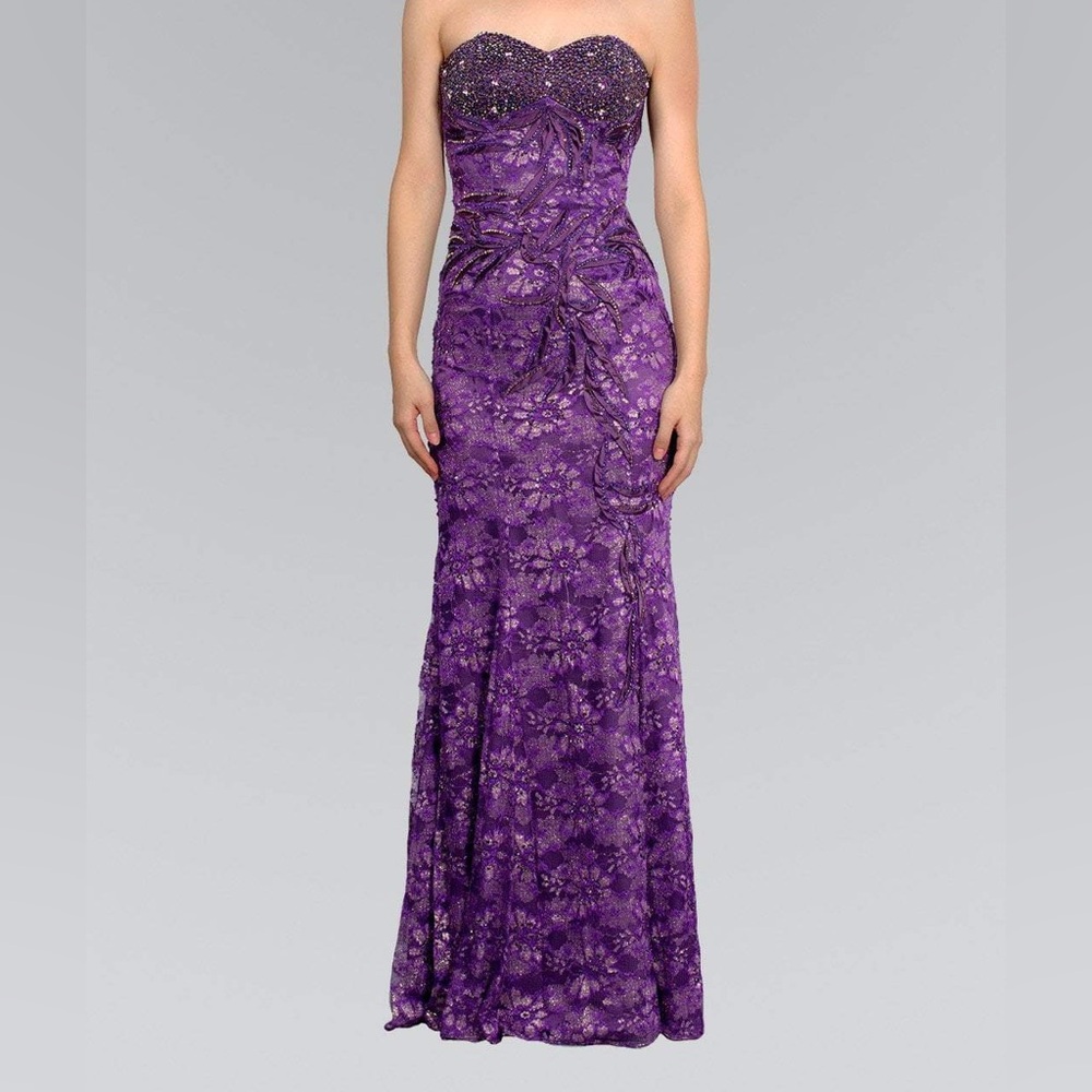 Strapless Purple Lace Evening Gown
